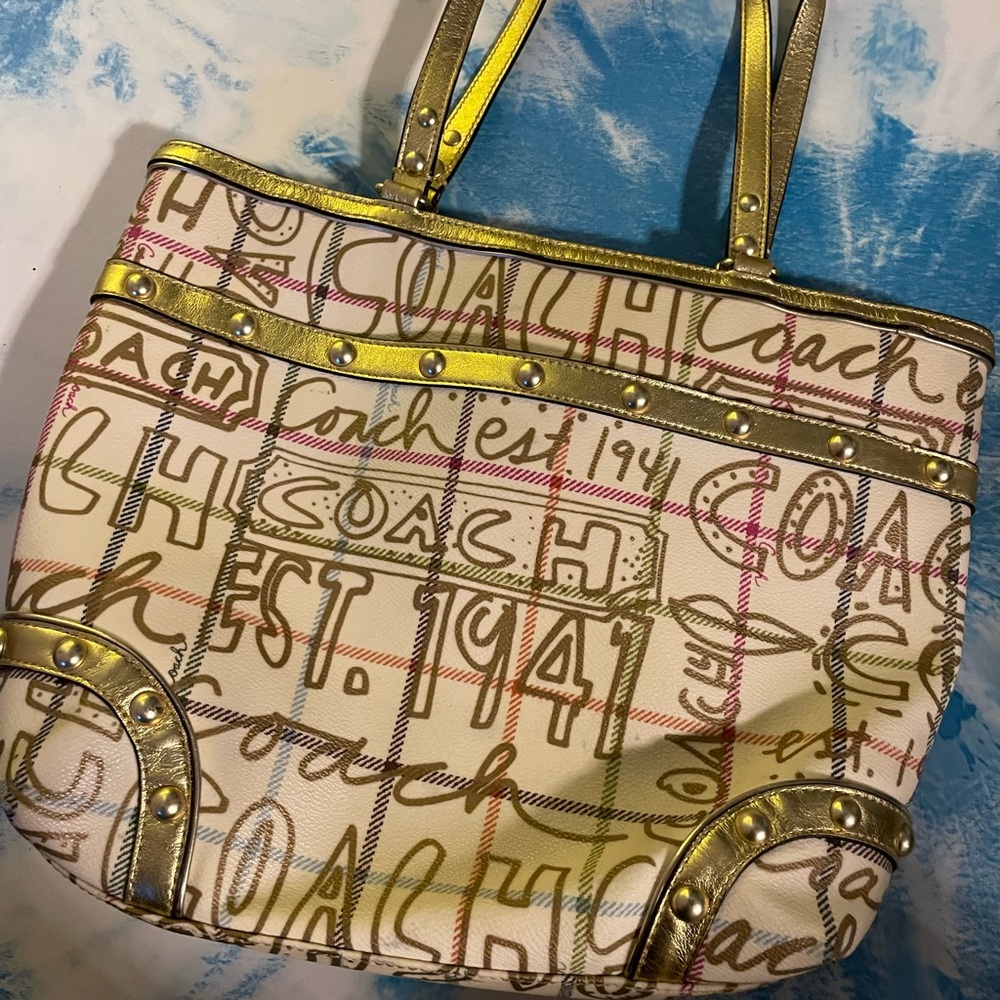 Coach Signature Tote with Gold and Multicolor Design
